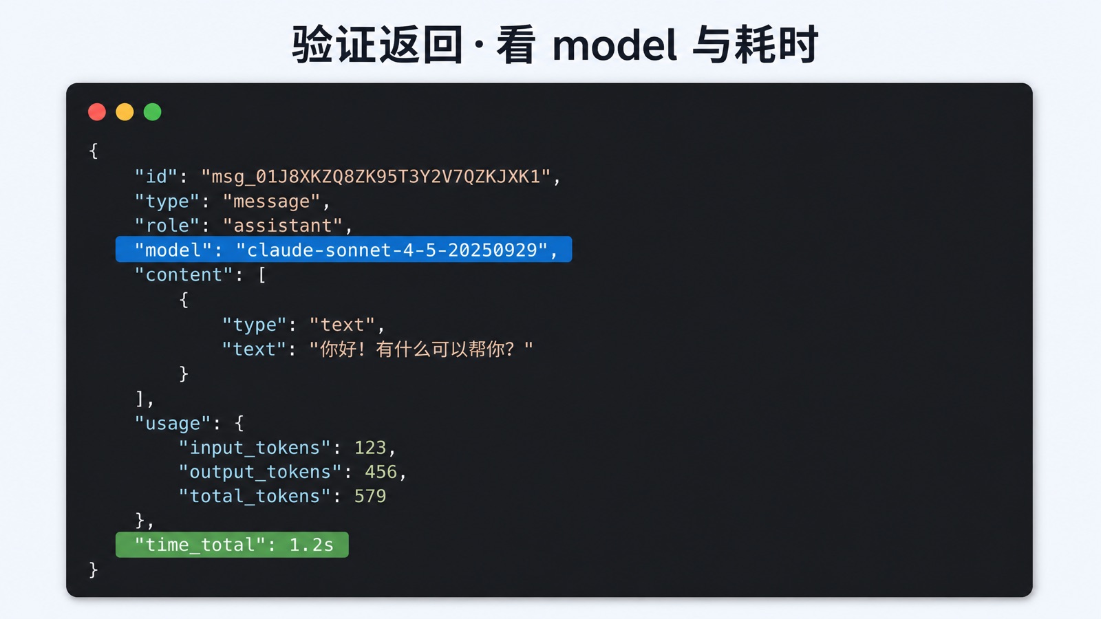 验证返回·看 model 字段与耗时